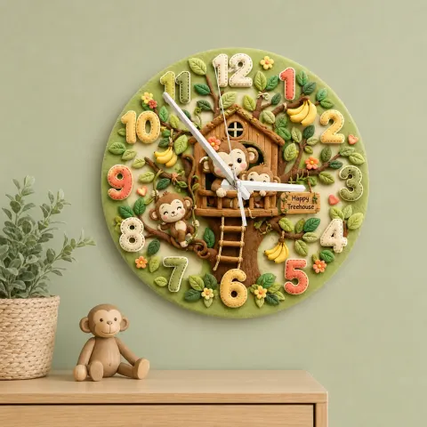 Happy Monkey Treehouse Kids Room Wall Clock | Safari Jungle Nursery Decor, Baby Boy Shower Gift & Wood Playroom Art (13.6 inch / 34.5 cm)