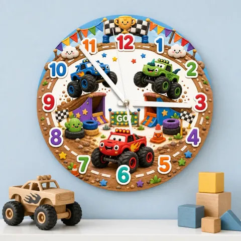 Vista alternativa de Reloj de pared para habitación infantil de Monster Truck Racing | Decoración de vehículos para la sala de juegos, regalo de cumpleaños para hijo, sobrino o nieto (34.5 cm)