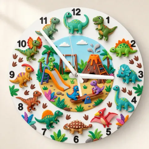 Dinosaur Playground Kids Room Wall Clock | Cute T-Rex Nursery Decor, Playroom Wall Art, Little Boy Birthday Gift Idea (13.6 inch / 34.5 cm)
