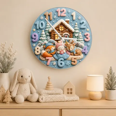 Cozy Winter Woodland Animals Kids Room Wall Clock | Snowy Cabin Nursery Decor, Baby Shower Gift For Girls And Boys (13.6 inch / 34.5 cm)