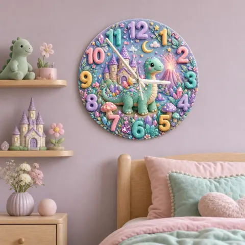 Vista alternativa de Reloj de pared infantil con dinosaurio mágico en tonos pastel | Decoración de guardería con castillo de cuento de hadas, regalo caprichoso para habitación de niña (34.5 cm)