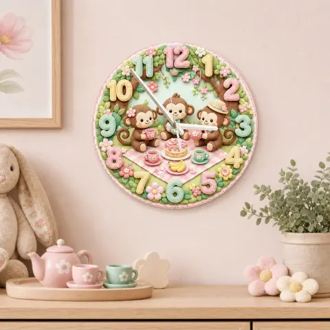Monkey Tea Party Picnic Kids Room Wall Clock | Pastel Floral Nursery Decor, Sweet Baby Girl Shower And Birthday Gift (13.6 inch / 34.5 cm)