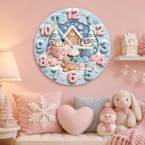 Vista alternativa di Pastel Winter Gingerbread Kids Room Wall Clock | Cute Hot Cocoa Snowman Nursery Decor, Sweet Holiday Baby Girl Gift (13.6 inch / 34.5 cm)