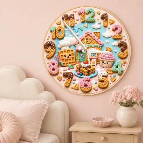 Waffle House Bakery Kids Room Wall Clock | Sweet Dessert Nursery Decor, Cute Birthday Gift For Girls (13.6 inch / 34.5 cm)