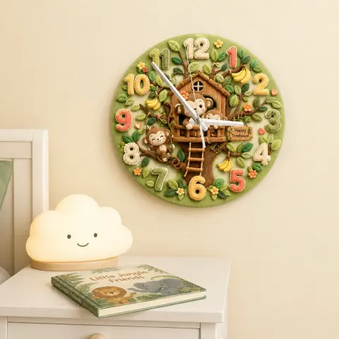 Vista alternativa di Happy Monkey Treehouse Kids Room Wall Clock | Safari Jungle Nursery Decor, Baby Boy Shower Gift & Wood Playroom Art (13.6 inch / 34.5 cm)