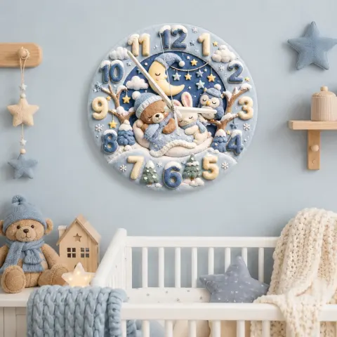 Sleepy Winter Bear & Bunny Kids Room Wall Clock | Blue Night Sky Nursery Decor, Sweet Baby Boy Shower Gift Keepsake (13.6 inch / 34.5 cm)