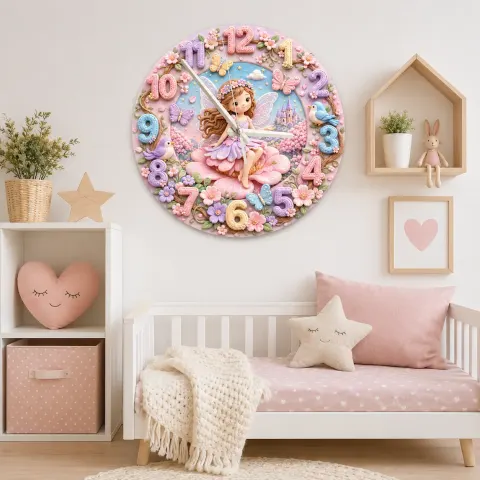 Vista alternativa di Magical Fairy Princess Kids Room Wall Clock | Enchanted Castle Floral Nursery Decor, Sweet Baby Girl Room Keepsake (13.6 inch / 34.5 cm)