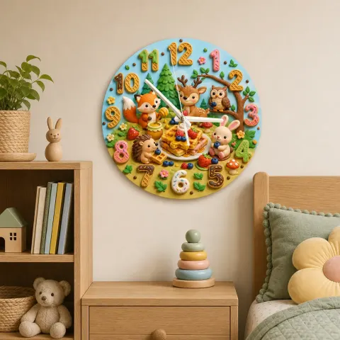 Woodland Waffle Picnic Kids Room Wall Clock | Forest Animal Nursery Decor, Baby Shower Birthday Gift (13.6 inch / 34.5 cm)