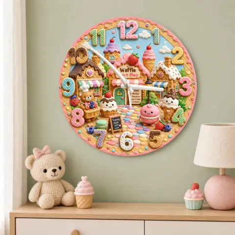 Vista alternativa di Waffle Sweet Shop Kids Room Wall Clock | Pastel Bakery Nursery Decor, Cute Little Girl Birthday Gift (13.6 inch / 34.5 cm)