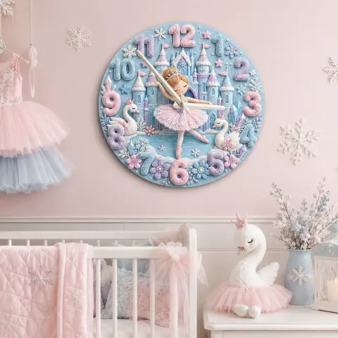 Winter Princess Ballerina Kids Room Wall Clock | Fairy Tale Castle Nursery Decor, Swan Theme Gift For Little Girls (13.6 inch / 34.5 cm)