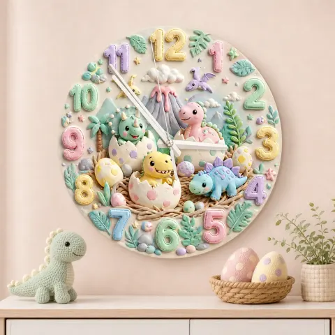 Reloj de pared infantil con dinosaurio bebé en tonos pastel | Decoración de guardería con dinosaurios que están a punto de eclosionar, regalos prehistóricos adorables para niños y niñas (34.5 cm)