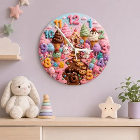 Magical Candyland Ice Cream Kids Room Wall Clock | Sweet Treats Nursery Decor, Whimsical Girl Bedroom Decor Keepsake (13.6 inch / 34.5 cm)