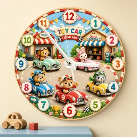 Reloj de pared de carrera de coches de animales Grand Prix para habitación infantil | Decoración de guardería con coches de juguete vintage, regalo de cumpleaños para niño (34.5 cm)