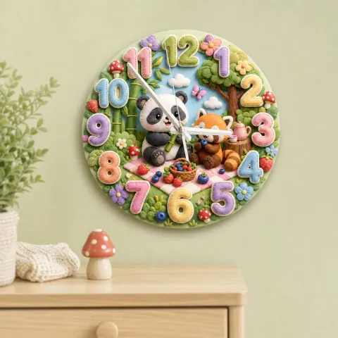 Woodland Panda & Red Panda Picnic Kids Room Wall Clock | Cute Forest Animal Nursery Decor, Baby Shower Gift Keepsake (13.6 inch / 34.5 cm)