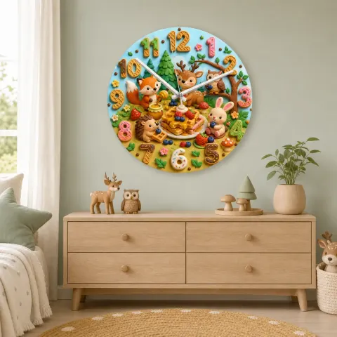Vista alternativa di Woodland Waffle Picnic Kids Room Wall Clock | Forest Animal Nursery Decor, Baby Shower Birthday Gift (13.6 inch / 34.5 cm)