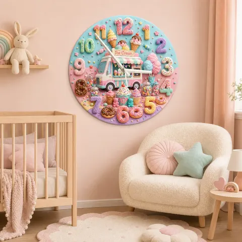 Pastel Ice Cream Truck Kids Room Wall Clock | Sweet Candyland Nursery Wall Decor, Cute Baby Girl Bedroom Birthday Gift (13.6 inch / 34.5 cm)