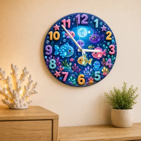 Vista alternativa di Magical Under The Sea Kids Room Wall Clock | Ocean Fish Nursery Decor, Baby Boy Girl Bedroom Birthday Keepsake Gift (13.6 inch / 34.5 cm)