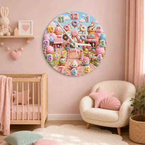 Pastel Candyland Theme Kids Room Wall Clock | Kawaii Sweet Treats Nursery Wall Decor, Cute Little Girl Bedroom Gift (13.6 inch / 34.5 cm)