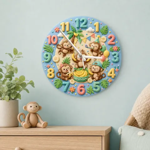 Playful Jungle Monkey Kids Room Wall Clock | Safari Nursery Decor, Cute Tropical Baby Shower Gift For Boys & Girls (13.6 inch / 34.5 cm)