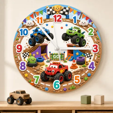 Reloj de pared para habitación infantil de Monster Truck Racing | Decoración de vehículos para la sala de juegos, regalo de cumpleaños para hijo, sobrino o nieto (34.5 cm)