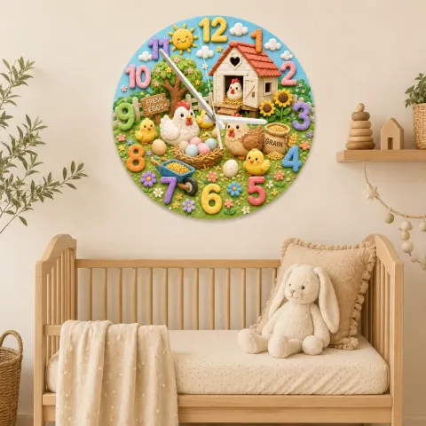 Cute Farm Chickens Kids Room Wall Clock | Baby Chick Nursery Decor, Playroom Wall Art, Sweet Birthday Gift Keepsake (13.6 inch / 34.5 cm)