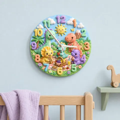 Cute Dinosaur Picnic Kids Room Wall Clock | Colorful Baby Nursery Decor, Toddler Boy & Girl Birthday Gift Keepsake (13.6 inch / 34.5 cm)
