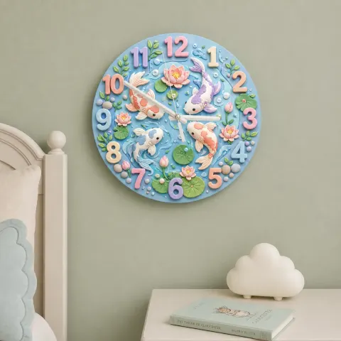 Vista alternativa di Pastel Koi Fish Pond Kids Room Wall Clock | Whimsical Lotus Flower Nursery Decor, Beautiful Baby Shower Gift Keepsake (13.6 inch / 34.5 cm)