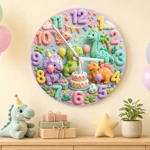 Reloj de pared infantil de fiesta de cumpleaños con dinosaurios en tonos pastel | Dulce decoración de guardería con dinosaurios, regalo de recuerdo para el cuarto de un niño pequeño (34.5 cm)