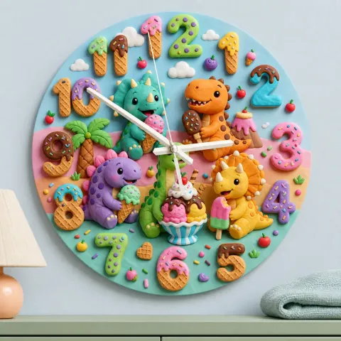 Vista alternativa di Dinosaur Ice Cream Party Kids Room Wall Clock | Colorful Nursery Decor, Little Boy Birthday Gift (13.6 inch / 34.5 cm)
