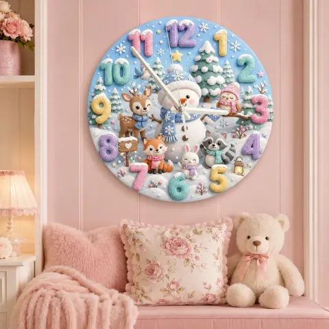 Vista alternativa di Winter Snowman & Woodland Animals Kids Room Wall Clock | Pastel Nursery Decor, Sweet Baby Shower Gift For Little Ones (13.6 inch / 34.5 cm)