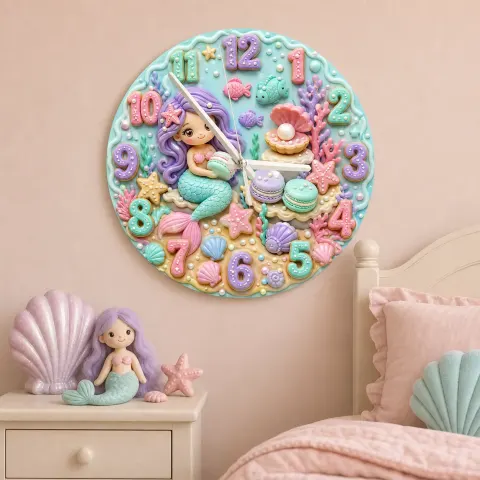 Mermaid Seashell Kids Room Wall Clock | Pastel Ocean Nursery Decor, Magical Baby Girl Birthday Gift (13.6 inch / 34.5 cm)