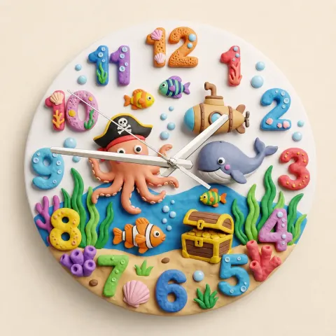 Pirate Octopus Under The Sea Kids Room Wall Clock | Ocean Theme Nursery Decor, Baby Boy Bedroom Birthday Keepsake (13.6 inch / 34.5 cm)