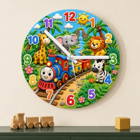 Reloj de pared para niños con tren de safari colorido | Decoración de guardería con animales de la jungla, regalo de cumpleaños para niños pequeños (34.5 cm)