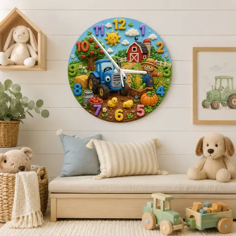 Blue Tractor Farm Kids Room Wall Clock | Barnyard Scarecrow Nursery Art Decor, Little Boy Birthday Baby Shower Gift (13.6 inch / 34.5 cm)