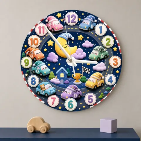 Reloj de pared de coches dormilones en el cielo nocturno para habitación infantil | Decoración de guardería con luna, regalo para la hora de dormir en la sala de juegos para niños (34.5 cm)