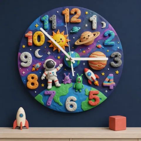 Vista alternativa di Outer Space Astronaut Kids Room Wall Clock | Cute Planets Baby Boy Nursery Decor, Toddler Bedroom Birthday Keepsake (13.6 inch / 34.5 cm)