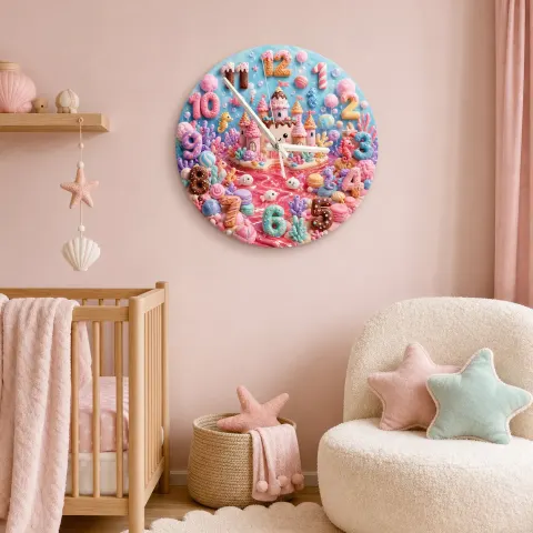 Pastel Candy Castle Kids Room Wall Clock | Sweet Ocean Fantasy Nursery Wall Decor, Little Girl Bedroom Birthday Gift (13.6 inch / 34.5 cm)