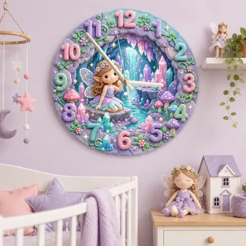 Magical Fairy and Crystal Cave Kids Room Wall Clock | Enchanted Pastel Nursery Decor, Whimsical Girls Room Gift Art (13.6 inch / 34.5 cm)