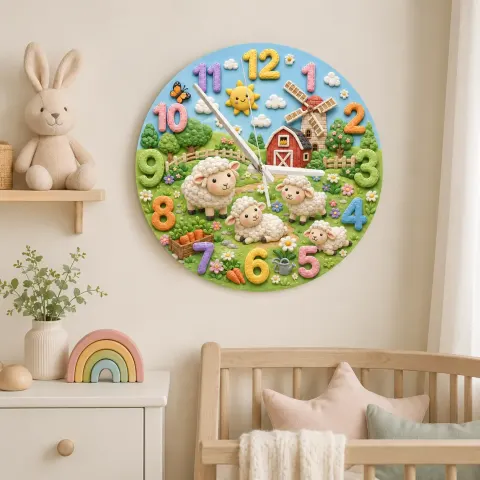 Farm Animal Sheep Kids Room Wall Clock | Whimsical Barnyard Nursery Decor, Baby Shower Gift For Boy Or Girl Room Art (13.6 inch / 34.5 cm)