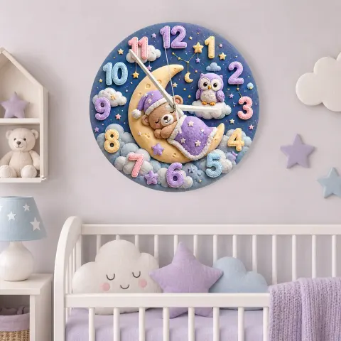 Vista alternativa di Sleeping Bear and Owl Kids Room Wall Clock | Pastel Starry Night Nursery Decor, Baby Shower Gift For Boys & Girls (13.6 inch / 34.5 cm)