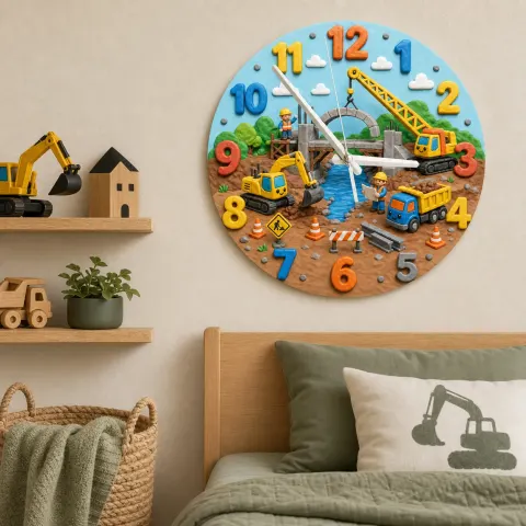 Construction Trucks Kids Room Wall Clock | Excavator Nursery Decor, Little Builder Boy Bedroom Playroom Art Keepsake (13.6 inch / 34.5 cm)