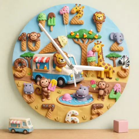 Safari Animals Ice Cream Truck Kids Room Wall Clock | Sweet Treats Nursery Decor, Baby Shower Gifts For Boys & Girls (13.6 inch / 34.5 cm)