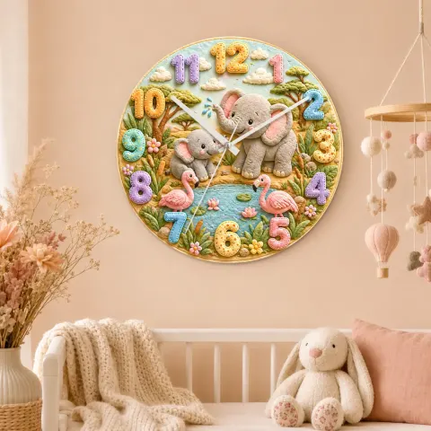 Safari Elephant & Flamingo Kids Room Wall Clock | Pastel Jungle Animal Nursery Decor, Beautiful Baby Shower Keepsake (13.6 inch / 34.5 cm)