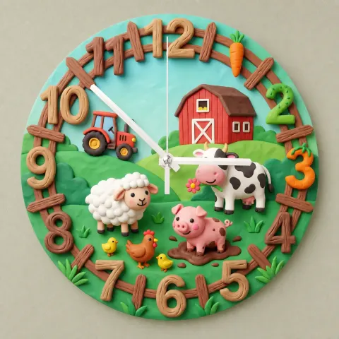 Vista alternativa di Farm Animals Barnyard Kids Room Wall Clock | Red Tractor Cow Pig Nursery Decor, Baby Boy Girl Birthday Keepsake Gift (13.6 inch / 34.5 cm)