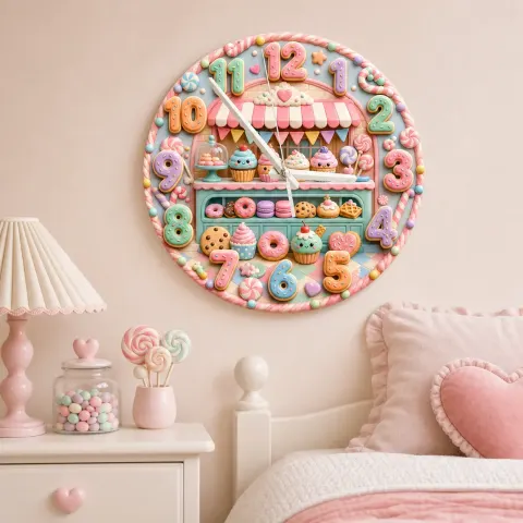 Pastel Bakery Dessert Kids Room Wall Clock | Sweet Shop Nursery Decor, Cute Birthday Gift For Girls (13.6 inch / 34.5 cm)