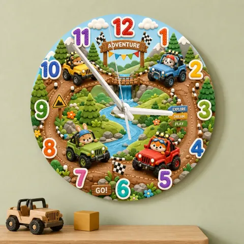 Reloj de pared de madera de aventura animal todoterreno para habitación infantil | Decoración de guardería safari en el bosque, regalo de cumpleaños para niño (34.5 cm)