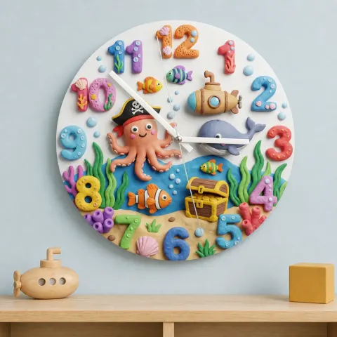 Pirate Octopus Ocean Kids Room Wall Clock | Under The Sea Nursery Decor, Marine Life Theme Baby Boy Birthday Gift (13.6 inch / 34.5 cm)