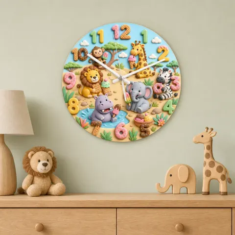 Vista alternativa di Safari Animals Ice Cream Kids Room Wall Clock | Jungle Nursery Decor, Baby Boy Girl Birthday Gift (13.6 inch / 34.5 cm)
