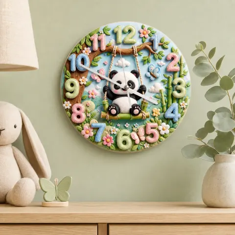 Whimsical Panda on Swing Kids Room Wall Clock | Cute Pastel Woodland Nursery Decor, Baby Shower Gift for Boys & Girls (13.6 inch / 34.5 cm)