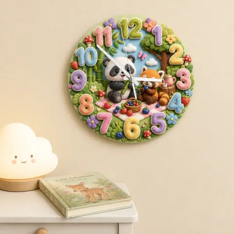 Vista alternativa di Woodland Panda & Red Panda Picnic Kids Room Wall Clock | Cute Forest Animal Nursery Decor, Baby Shower Gift Keepsake (13.6 inch / 34.5 cm)